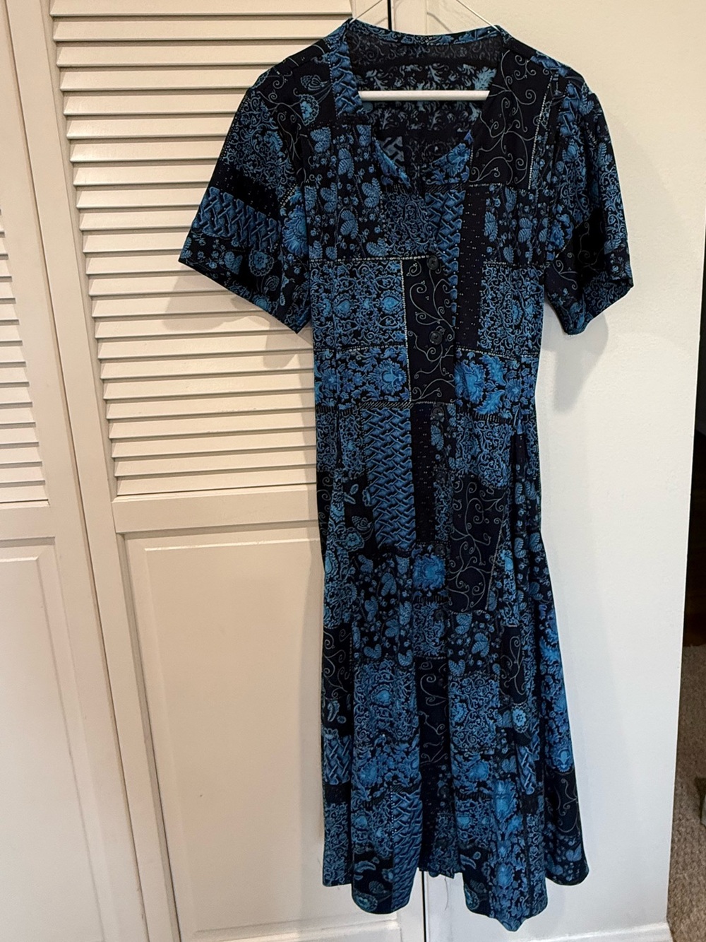 Homemade Vintage Blue Patchwork Floral Midi Dress w/ Princess Seams and Tie